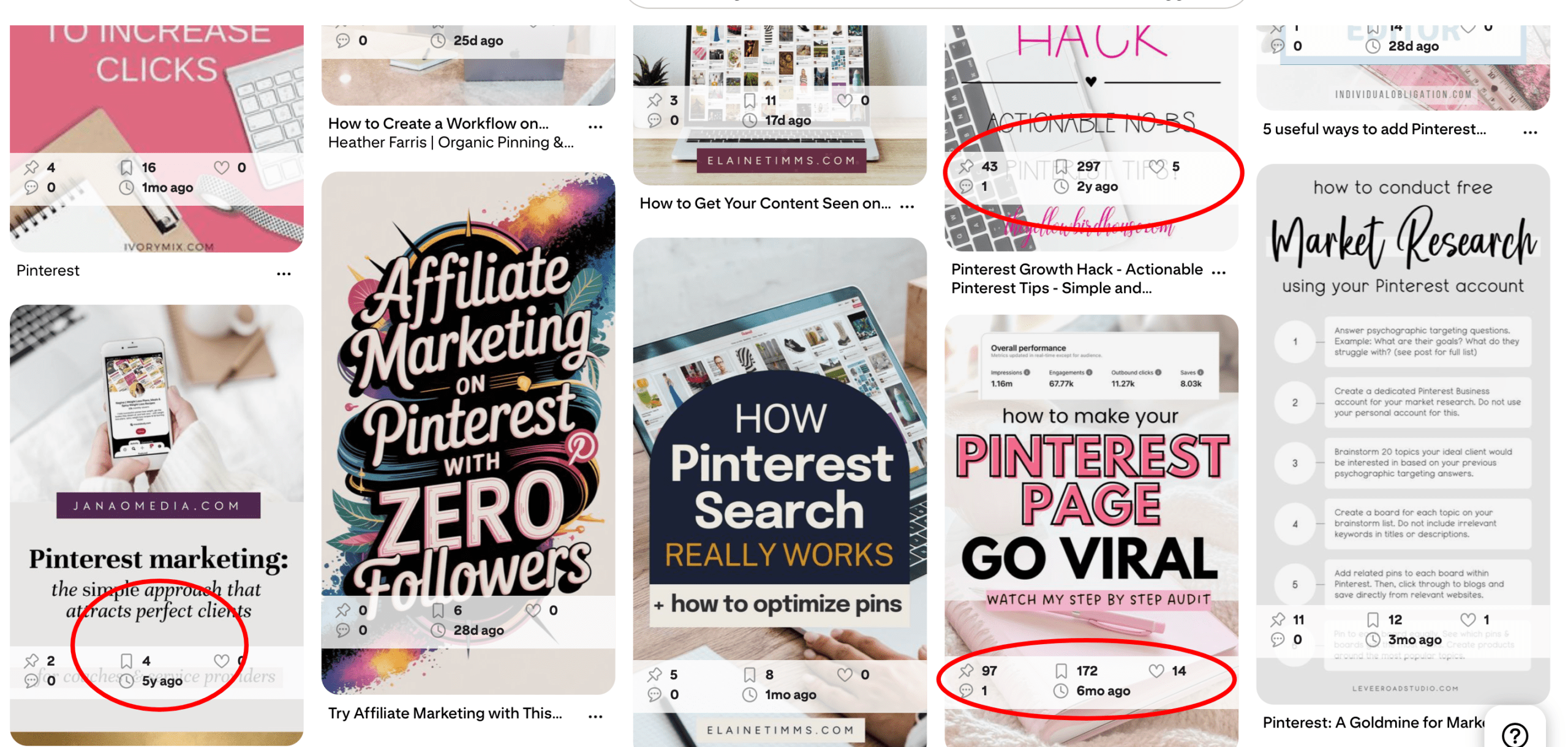Pinterest search screenshot showing contents/search results that were pinned 6months, 1 year, 2 years and 5 years ago that are still relevant and getting clicks.